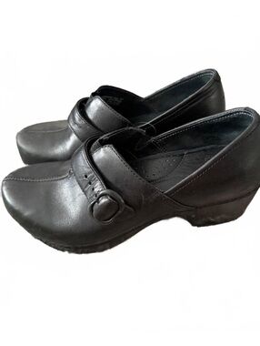 Dansko Black Leather Mary Jane Heeled Clogs Shoes EU 37 US  7 Adjustable Strap